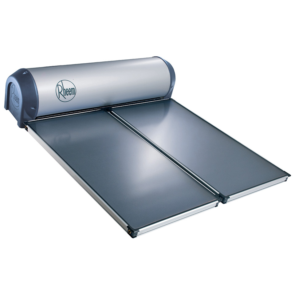 Example roof-mounted solar hot-water system with a tank and two collectors.