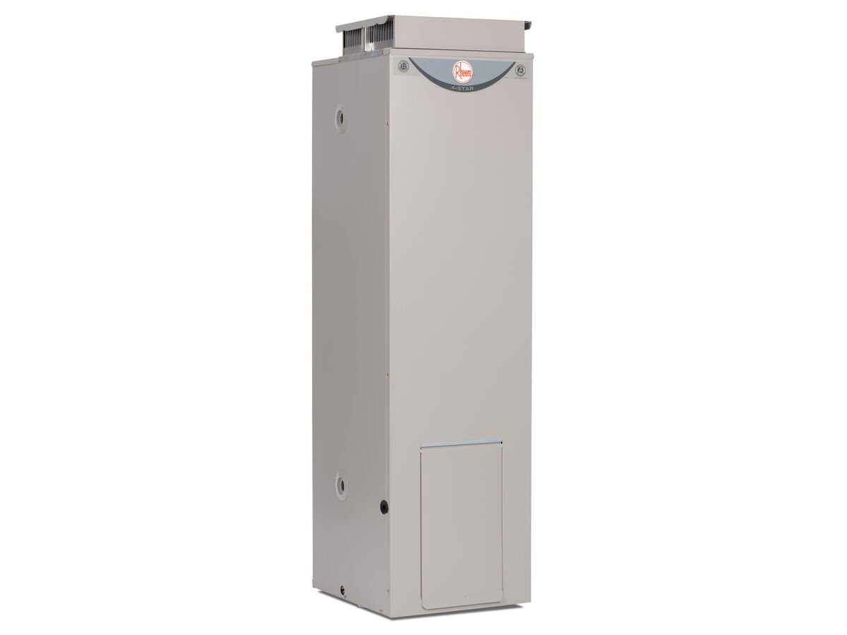 Example Rheem gas storage tank with a flue outlet and burner housing.